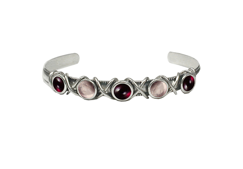 Sterling Silver Cuff Bracelet With Garnet And Rose Quartz